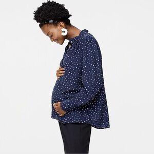 HATCH x J.Crew Ruffle Collar Silk Maternity Popover Blouse Navy Polka Dot M/L